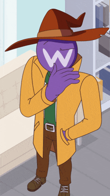 a cartoon character with a purple head and a hat with the letter w on it