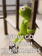 kermit the frog is sitting on a railing holding a railing and says `` now go woosh your hands '' .