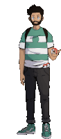 a man with a beard wearing a green and white striped shirt and black jeans