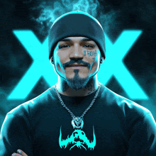 a man with a tattoo on his face is wearing a black shirt with a blue scorpion on it