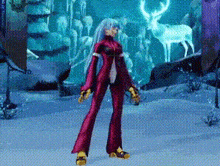 a cartoon character in a red suit is standing in the snow
