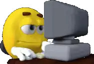 a yellow smiley face is working on a computer