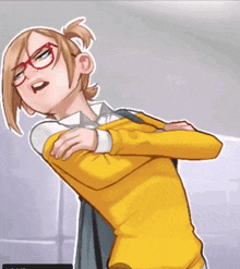 a cartoon of a girl wearing glasses and a yellow jacket