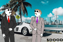 two men in suits are standing in front of a white car and a sign that says no stopping