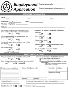 a black and white employment application form with a scp logo on it