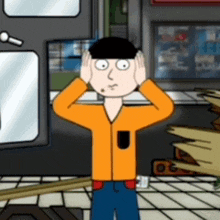 a cartoon character covering his ears with his hands in a room