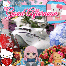a good afternoon greeting card with hello kitty and a boat