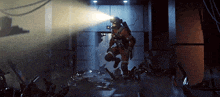 a man in a space suit stands in a dark room