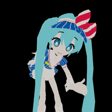 a cartoon character with long blue hair and a red white and blue hat giving a thumbs up