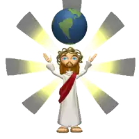 a cartoon of jesus with a crown of thorns and a globe on his head