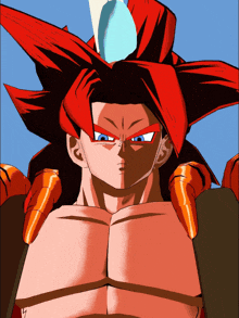a cartoon character with red hair and a blue eye