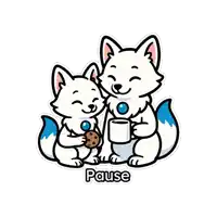 a sticker of two white foxes sitting next to each other with the word pause below them