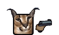 a person is holding a gun in front of a cat with horns .