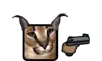 a person is holding a gun in front of a cat with horns .