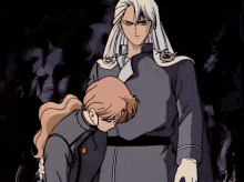 a man with long white hair is standing next to a woman with blonde hair