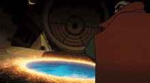 a man in a red cape is standing in front of a circle of sparks