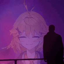 a man is standing in front of a purple background with a cartoon girl behind him