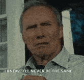 a man in a striped shirt is holding a glass and says `` i know , i 'll never be the same ''