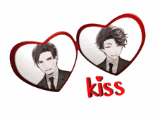 two hearts with a man in a suit and tie and the word kiss