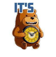 a teddy bear is holding a clock with the words it 's above him
