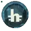 a blue coin with a white h on it is glowing in the dark .