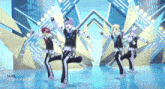 a group of anime characters are dancing on a stage with korean writing on the bottom right