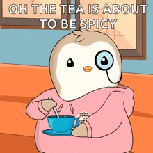 a cartoon penguin is holding a cup of tea with a spoon in it