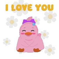 a pink duck with a purple bow and the words i love you