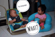 a baby in a bouncer next to a baby in a chair with a speech bubble that says " what "