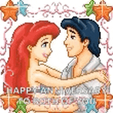 a pixel art of ariel and prince eric from the little mermaid hugging each other .