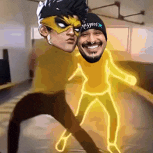 a man in a yellow mask is standing next to a man in a black beanie with a star on it .