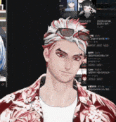 a man wearing sunglasses and a floral shirt has a beard