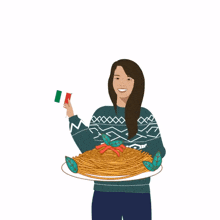 a woman holding a flag and a plate of pasta