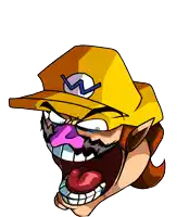 a cartoon drawing of wario with his mouth open and a purple nose