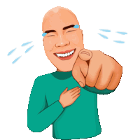 a cartoon drawing of a bald man laughing and pointing at the camera