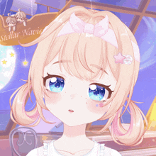a girl with blonde hair and blue eyes stands in front of a sign that says " stellar navis "