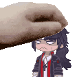 a hand is holding a cartoon character 's head in a pixel art style .