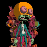 a cartoon drawing of a skeleton in a suit with a skull head