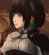 a girl with black hair and green highlights is wearing a white sweater and a black cape .