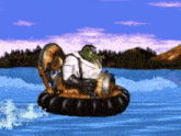 a pixel art of a frog riding a boat in the water