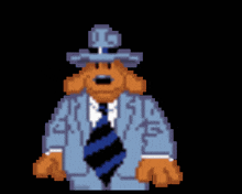 a pixel art drawing of a dog in a suit and tie holding a flag