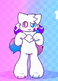 a pixel art of a white cat with a pink tail on a pink and blue checkered background .