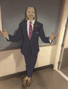 a drawing of a woman in a suit and tie with her arms outstretched