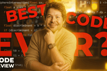 a man sitting at a table with the words " best code ever " in the background