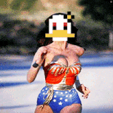 a woman in a wonder woman costume with a duck face on her face