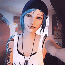 a girl with blue hair is taking a selfie in a bedroom