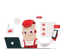 a cartoon illustration of a robot holding a cell phone and a laptop