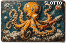 a painting of an octopus holding a rocket with the words $ lotto written above it