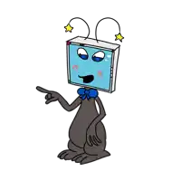 a cartoon drawing of a frog with a computer head pointing at something