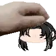 a hand is holding a cartoon character 's head in a pixel art style .